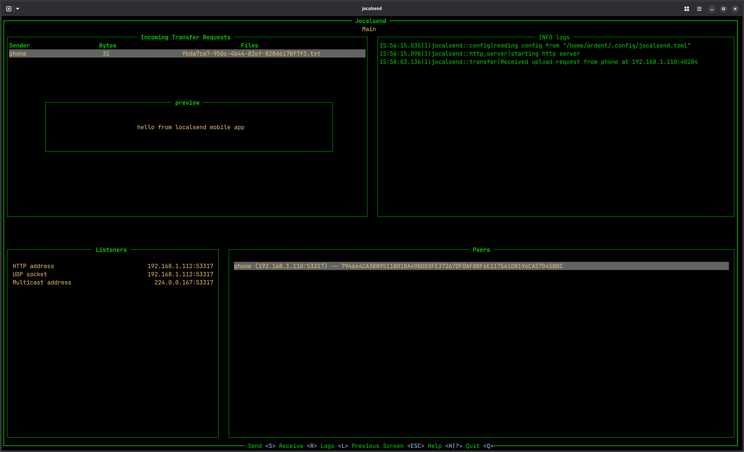 main screen receiving text