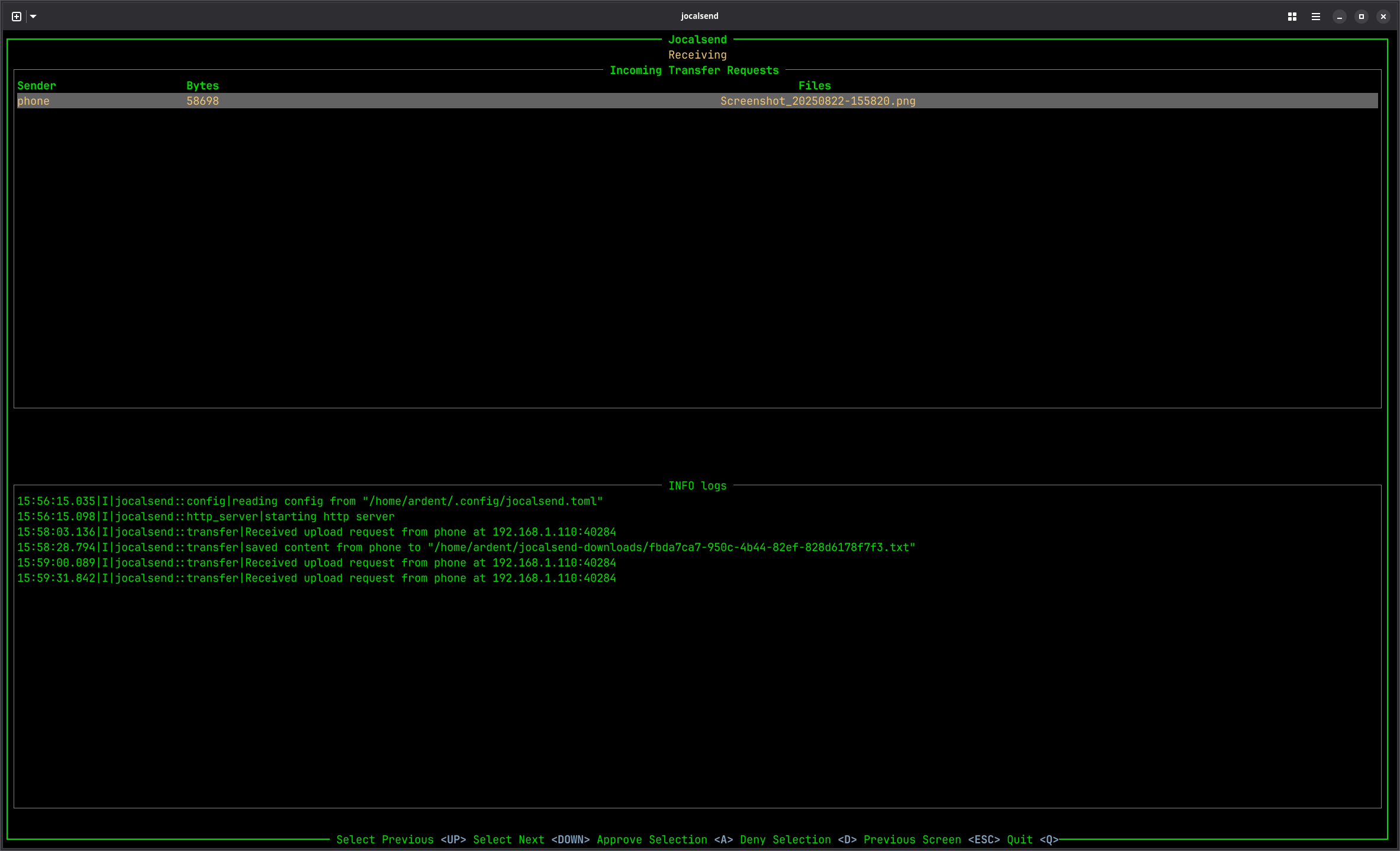 receiving screen, no preview