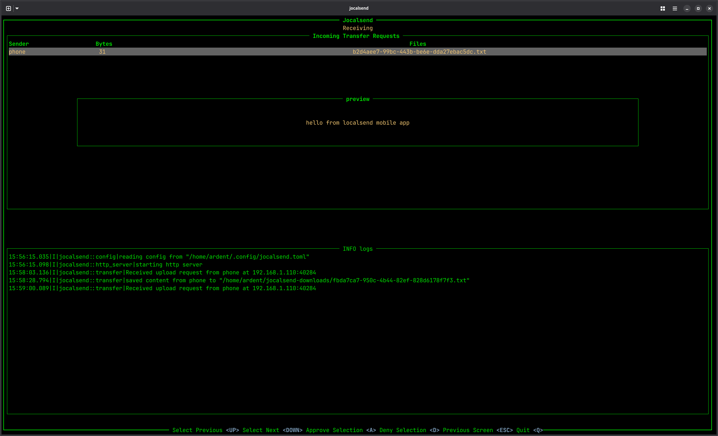 receiving screen, with text preview